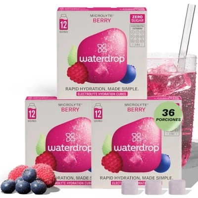 Image of waterdrop® Microlyte Berry Electrolytes Tablets for Hydration, 36 Water Flavouring Cubes with Magnesium &amp; Calcium, Vegan Drinks, Sugar Free Hydration Tablets, Low Calorie Fitness Drink
