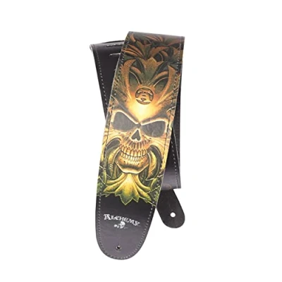 Image of D&#039;Addario Accessories Leather Guitar Strap Accessories, Green Skull