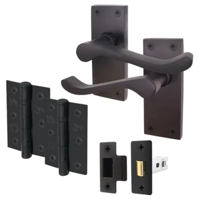 Image of EAI Black Victorian Scroll Door Handle Latch Set 1 Pair of Matt Internal Lever Handles on Backplate with Hinges (76mm) &amp; (64mm)