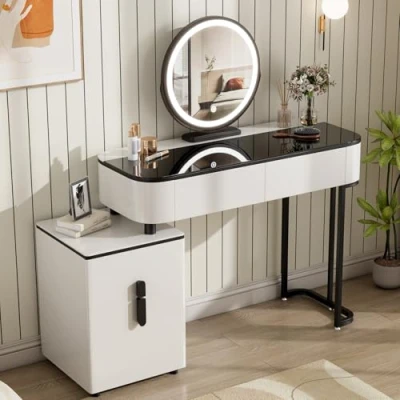 Image of WOLTU Dressing Table with LED Lights, Tempered Glass Top Vanity Desk Mirror and 4 Drawers Makeup Side Cabinet, White+Black 100x40x127cm