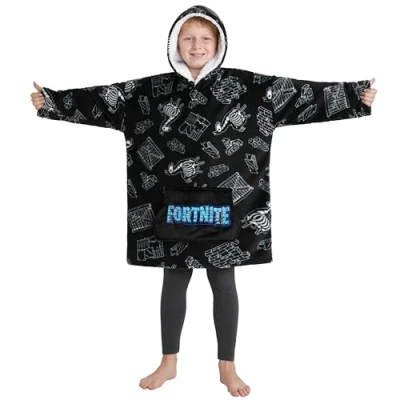 Image of Fortnite Oversized Hoodie Blankets for Boys Fleece Extra Long Warm Wearable Hooded Poncho Kids and Teens 14+, Gamers Gifts (Black/White Kids)