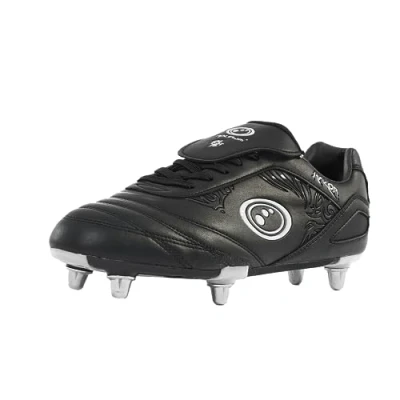 Image of Optimum Boy’s Razor 6 Studs Rugby Boots Sturdy Material, Lace Up Lightweight Flexible and Comfortable Fit Mesh Lining Black/Silver, 2 UK