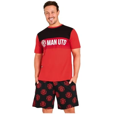 Image of Manchester United F.C. Mens Short Pyjamas Set, Breathable 2 Piece Lounge Wear Man Gifts for Men (Black/Red Aop, 3XL)