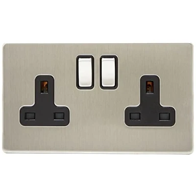 Image of AET SL2GSOCBS Screwless Satin Chrome Flat 2 Gang 13 Amp Socket Black Insert Metal Rocker Switch