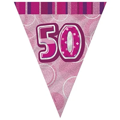 Image of Unique Party 90955 9ft Foil Glitz Pink 50th Birthday Bunting Flags
