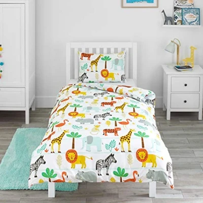 Image of Bloomsbury Mill Cot Bed Duvet Cover Set Toddler Bedding For Boys and Girls Safari Adventure Jungle Animals Kids &amp; Pillow Case 120x150cm