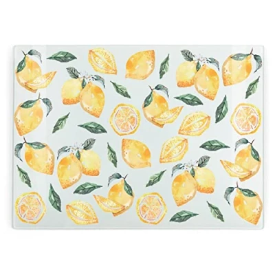 Image of Tempered Glass Chopping Board and Work Top Saver, Lemons Yellow Non Slip Multi Functional Tool for Protecting Surfaces While preparing Foods, Measures 39cm x 28.5cm (15&quot; 11&quot;)