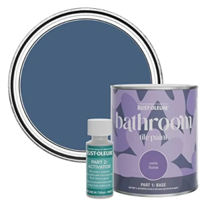 Image of Rust Oleum Blue Water Resistant Bathroom Tile Paint in Satin Finish Ink 750ml