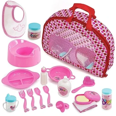 Image of BiBi Doll Baby Accessories Play Set with Carry Bag Storage Case Feeding Set, Pacifier, Potty, Bottles, Dolls Care Pretend Toy for 3 Years Old