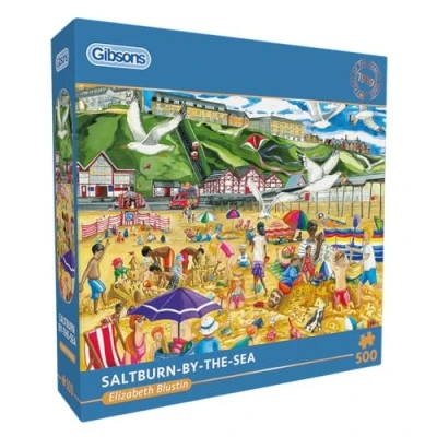 Image of Gibsons Saltburn by the Sea 500 Piece Jigsaw Puzzle Beautiful Colourful Artwork British Summer Beach Seaside Sustainable for Adults Teens Premium 100% Recycled Board Great Gift Games