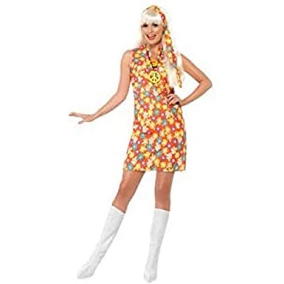 Image of Smiffy&#039;s Flower Hippy Costume with Dress, Head Piece, Necklace and Bootcovers Orange, Large