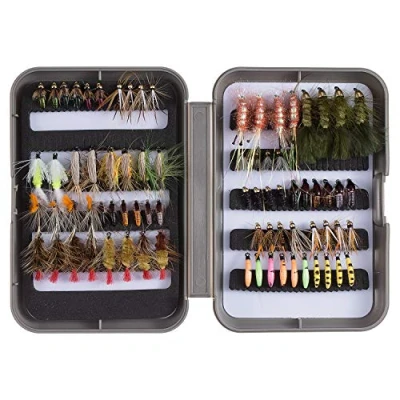 Image of BASSDASH Trout Steelhead Salmon Fishing Flies Barbed Barbless Fly Hooks Include Dry Wet Nymphs Streamers Eggs, Lure Kit with Box (76pcs Flies)