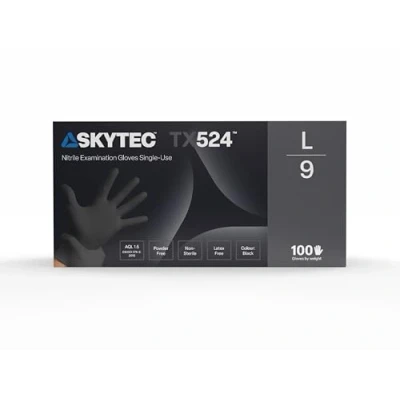 Image of Skytec TX 524 Black Nitrile Disposable Gloves Latex Free, Powder Exam Gloves, Disposable, Surgical, Cleaning, Food Extra Strong,