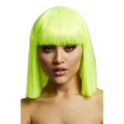 Image of Smiffys Fever Lola Wig, Neon Lime Blunt Cut Bob with Fringe, 30cm/ 12in, Wigs Fancy Dress, Dress Up