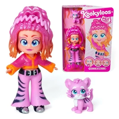 Image of KOOKYLOOS Pet Party Roxy doll with tiger pet. Includes doll, 1 pet, fashionable outfit and shoes accessory. 3 different faces!