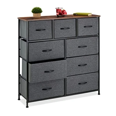 Image of Chest of Drawers, Metal, 9 Fabric Compartments, Shelf in Modern Wooden Look, hwd: 100x100x30 cm, Grey/Brown Relaxdays
