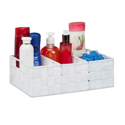 Image of Relaxdays Storage Basket with Compartments, Bathroom Cosmetics Bin, Box, Handles, HWD: 10x32x21 cm, White, PP, Metal, Pack of 1