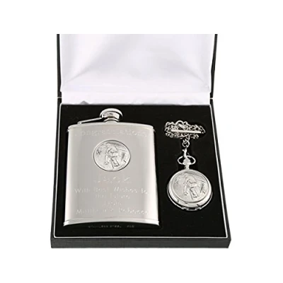 Image of Engraved Retirement Gift Pewter Cricket Feature Mother of Pearl Pocket Watch &amp; Hip Flask Set