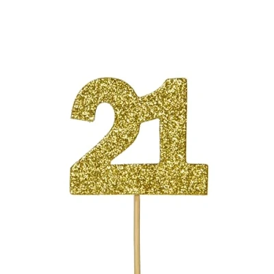 Image of Anniversary House 12pcs Gold Glitter 21st Birthday Cake Toppers, 3.8 x 4.5cm, Age 21 Cupcake Paper, Decorations, Number Celebrations, Bamboo Picks, J062