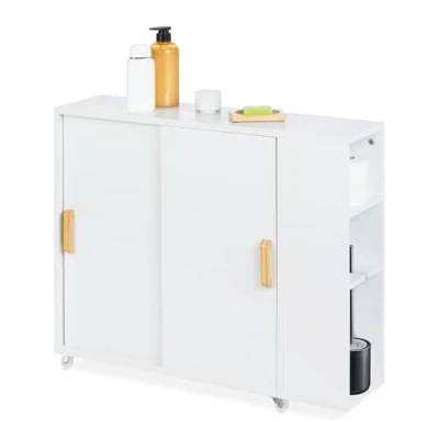 Image of Relaxdays Slim Rolling Cart, Toilet Brush Holder, 62x19,5x64 cm, Bathroom Storage Trolley, MDF, Bamboo, White/Natural, Fibreboard, Plastic
