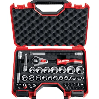 Image of HILTI 40 Piece Socket Wrench Set S SWS 3/8&quot; Including Sockets, 5 in 1 Ratchet, Driver bits and Extensions to securely Fasten Screws, Bolts, Nuts Anchors (2045971)