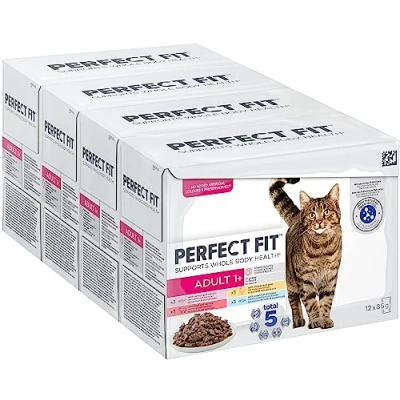 Image of Perfect Fit 1+ Adult Mixed Selection in Sauce 48 Pouches, Complete Premium Wet Cat Food, Pack of 4 (12 x 85 g)