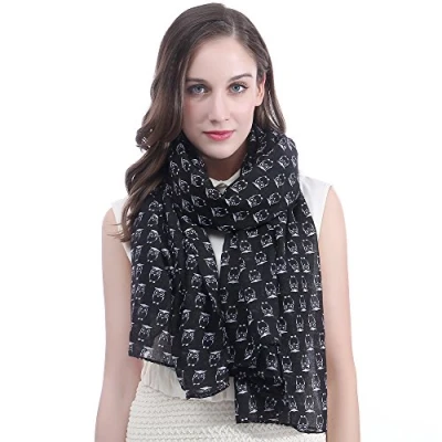 Image of Lina &amp; Lily Owls Print Large Scarf Shawl Lightweight (Black)(Size: 180cm x 90cm)