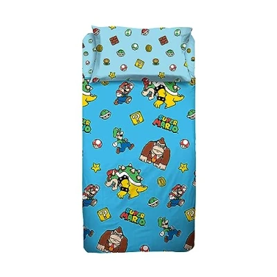 Image of Super Mario Single Bed Sheet Set, Room, Pillowcase, Top Sheet, Fitted 100 Percent Cotton, Light Blue