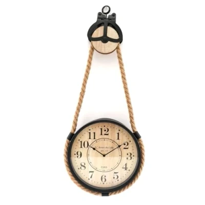 Image of Industrial Hanging Rope Round Black Metal Clock