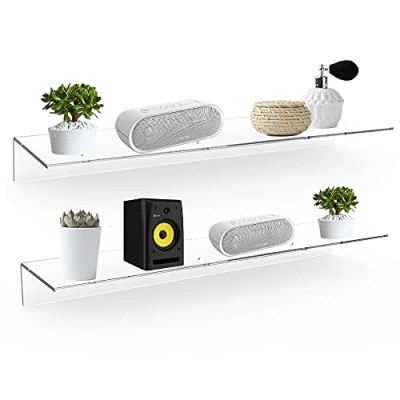 Image of Sezanrpt 24 Inches Clear Floating Shelves for Wall, Acrylic Long Wall Shelf, Mounted Plants, Speaker, Radio, Funko Pop, Stuffed Animal, Books, Cosmetics, Toiletries, 2 Pack (24 Inch)