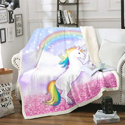 Image of Loussiesd Kids Unicorn Sherpa Blanket Child Girls Cartoon Print Throw Magical Animal Fleece Blankets Glitter Rainbow Plush Blankets,Room Decor Fuzzy Double 60&quot;x79&quot;,Pink