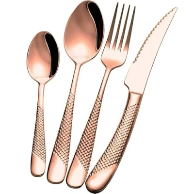 Image of Exeton Luxury Signature Cutlery Set, for 1 Person (4PCS), Stainless Steel 18/8, Silver, Gold, 2 in Steak Knives, Dishwasher Safe (Signature Rose 4)
