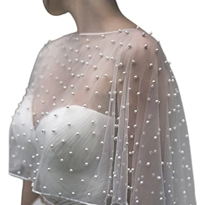 Image of kaixinbukaixin Wedding Accessories Bolero Bridal Cloak Pearls Cape Short Front Long Back Women Wrap Evening Shawl,White