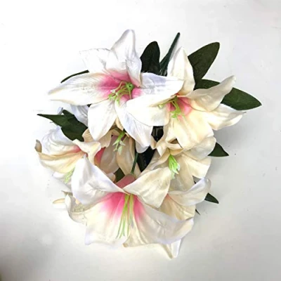 Image of Best Artificial 45cm Stargazer Lillies 10 Head Flower Spray Bunch (Champagne)