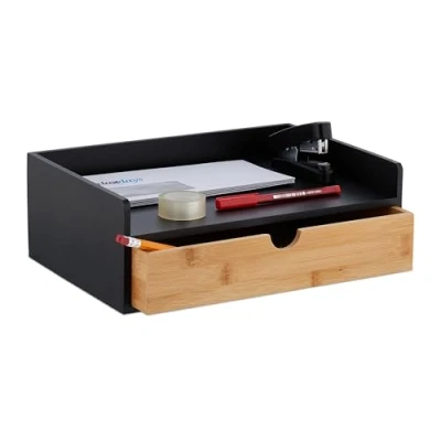 Image of Relaxdays Desk, 1 Drawer, DIN A4 Shelf, Bamboo, HxWxD: 11 x 32 22 cm, Office Organiser, Black/Natural