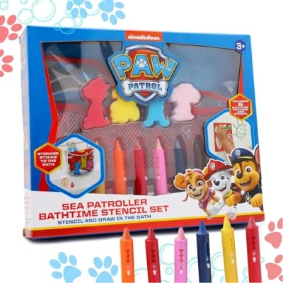 Image of Toyland® Paw Patrol Bathtime Set Crayon &amp; Stencil With Sea Patroller Storage Bag Bath Toys Suitable ages 3+