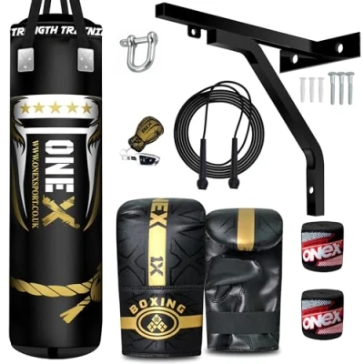 Image of ONEX Heavy Filled 12 Piece Boxing Punch Bag Set Gloves Wall Bracket MMA Pad Punching Kick 3ft 4ft 5ft (4ft, Bracket)