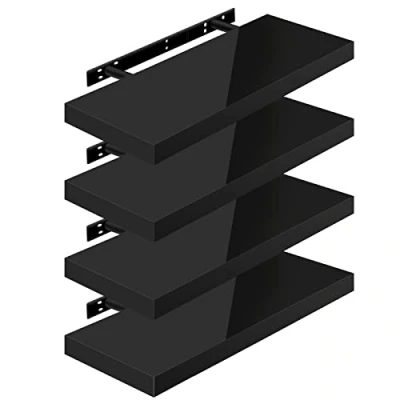 Image of WOLTU High Gloss Floating Shelves,Set of 4 Wall Shelf,CD DVD Storage Corner Shelf, Premium Wooden Shelves for Bedroom LivingRoom kitchen 60x22.9x3.8cm, Black, RG9478sz