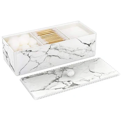 Image of Luxspire Cotton Swab Holder with Lid, Marble Pattern Ball Dispenser, Bathroom Canister Storage Jar for Pads Bud Q tip, Vanity Cosmetics Countertop Organizer 3 Compartments