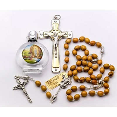 Image of Catholic Gift Shop Lourdes Water Vial with Rosary Beads and Box.