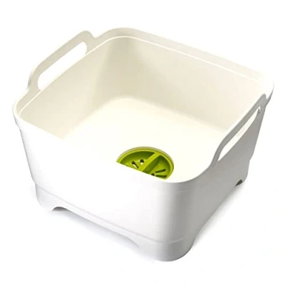 Image of Joseph Wash &amp; Drain Kitchen Washing Up Bowl with Handles and Draining Plug, 9 Litres, White/Green