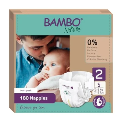 Image of Bambo Nature Premium Eco Nappies, Labelled Sustainable Enhanced Leakage Protection, Secure &amp; Comfortable Baby Size 2 Nappies (7 13lb/3 6kg), Mini, 180PK