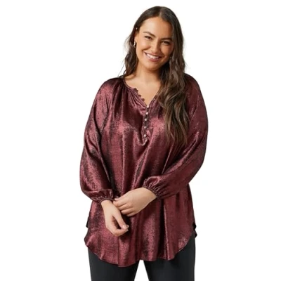 Image of EVANS Curve Red Metallic Long Sleeve Blouse Women&#039;s Plus Size
