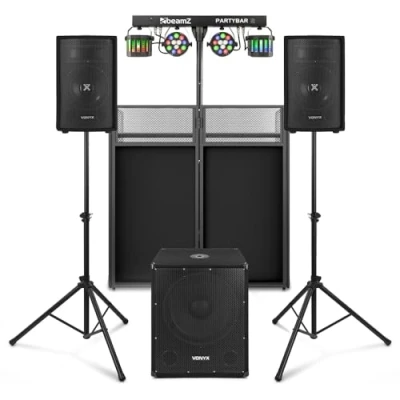 Image of VONYX VX0812BT 2.1 Active DJ Speaker Package with Subwoofer, Setup, Bluetooth, Disco Light Bar &amp; Foldable Booth Portable System for Pubs, DJs, and Small Venues