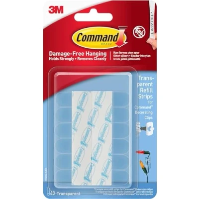 Image of Command Mini Clear Refill Strips for Decorating Clips 40 Adhesive Hanging Decorations and Fairy Lights Damage Free