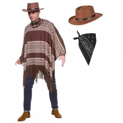 Image of Western Cowboy Poncho + Gunslinger Hat Black Bandana : Adult Wild West Drifter Gunman Mens Fancy Dress Costume