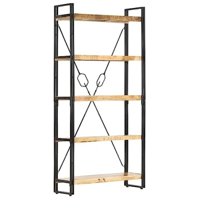 Image of vidaXL 5 Tier Bookcase Industrial Style Bookshelf with Solid Rough Mango Wood Shelves and Powder Coated Steel Frame 90x30x180 cm