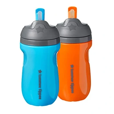 Image of Tommee Tippee Insulated Straw Cup for Toddlers, Spill Proof, 260ml, 12m+, Pack of 2, Blue and Orange