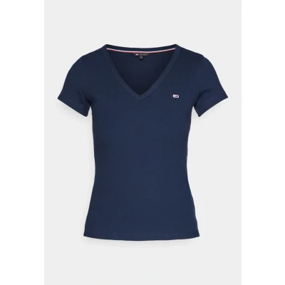Image of Tommy Jeans Women&#039;s Tjw Slim Essential Rib V Ss Dw0dw17385 S/S Knit Tops, Dark Night Navy, XXS