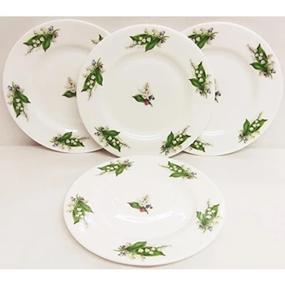 Image of fromeuropewithlove Lily of the Valley 6&quot; Plates Set 4 Fine Bone China Lilies 15 cm Side Hand Decorated in UK